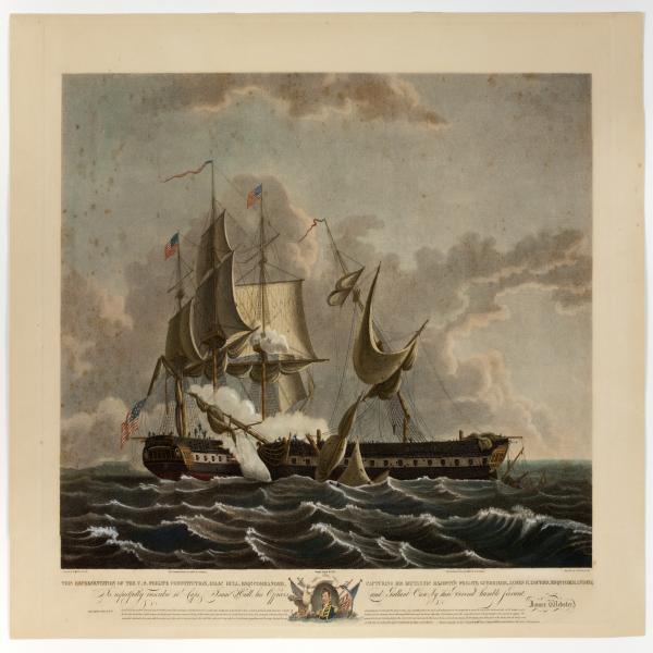 USS Constitution raking HMS Guerriere, popular August 19, 1812.